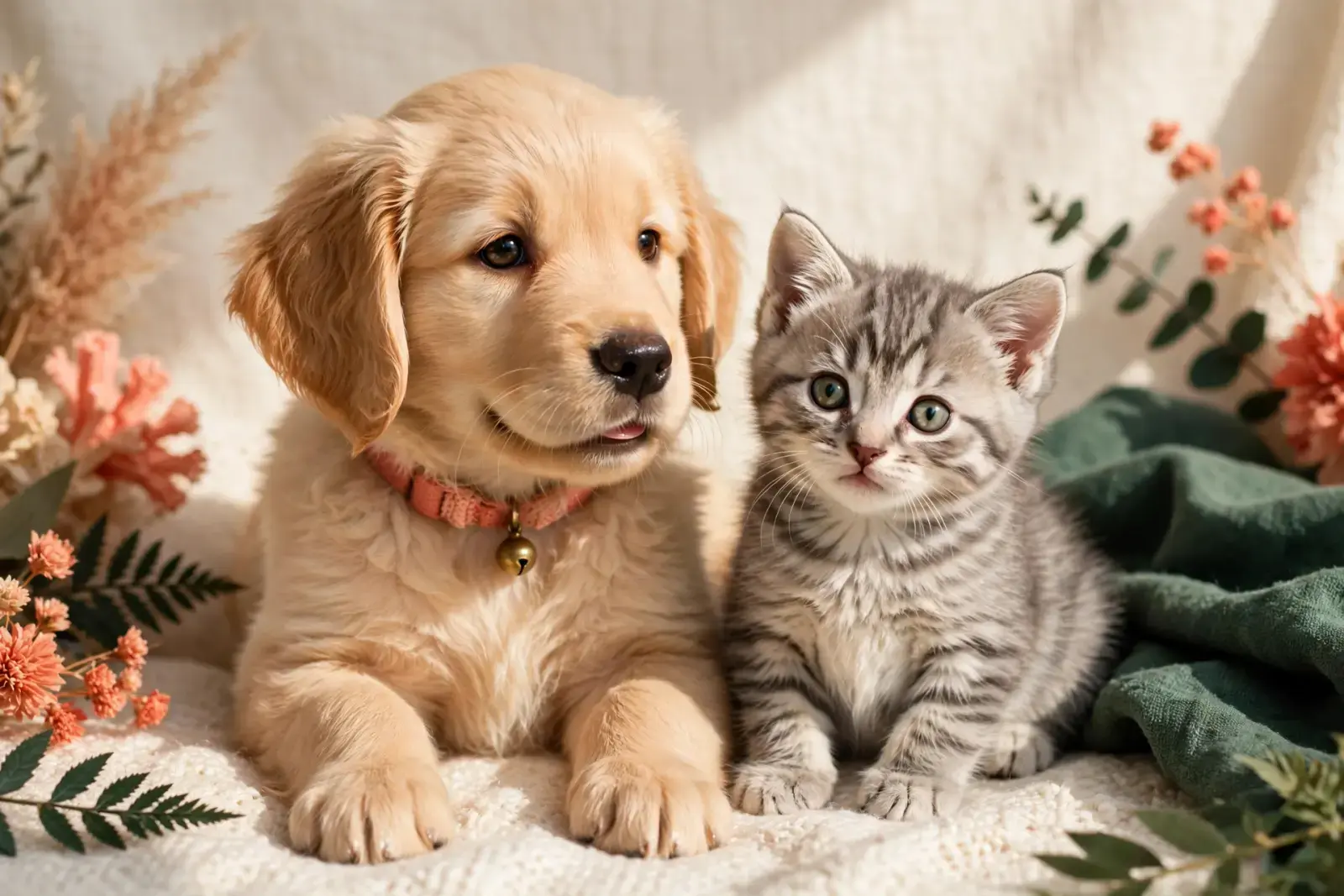 Golden puppy and gray tabby kitten sitting side by side, looking at the camera