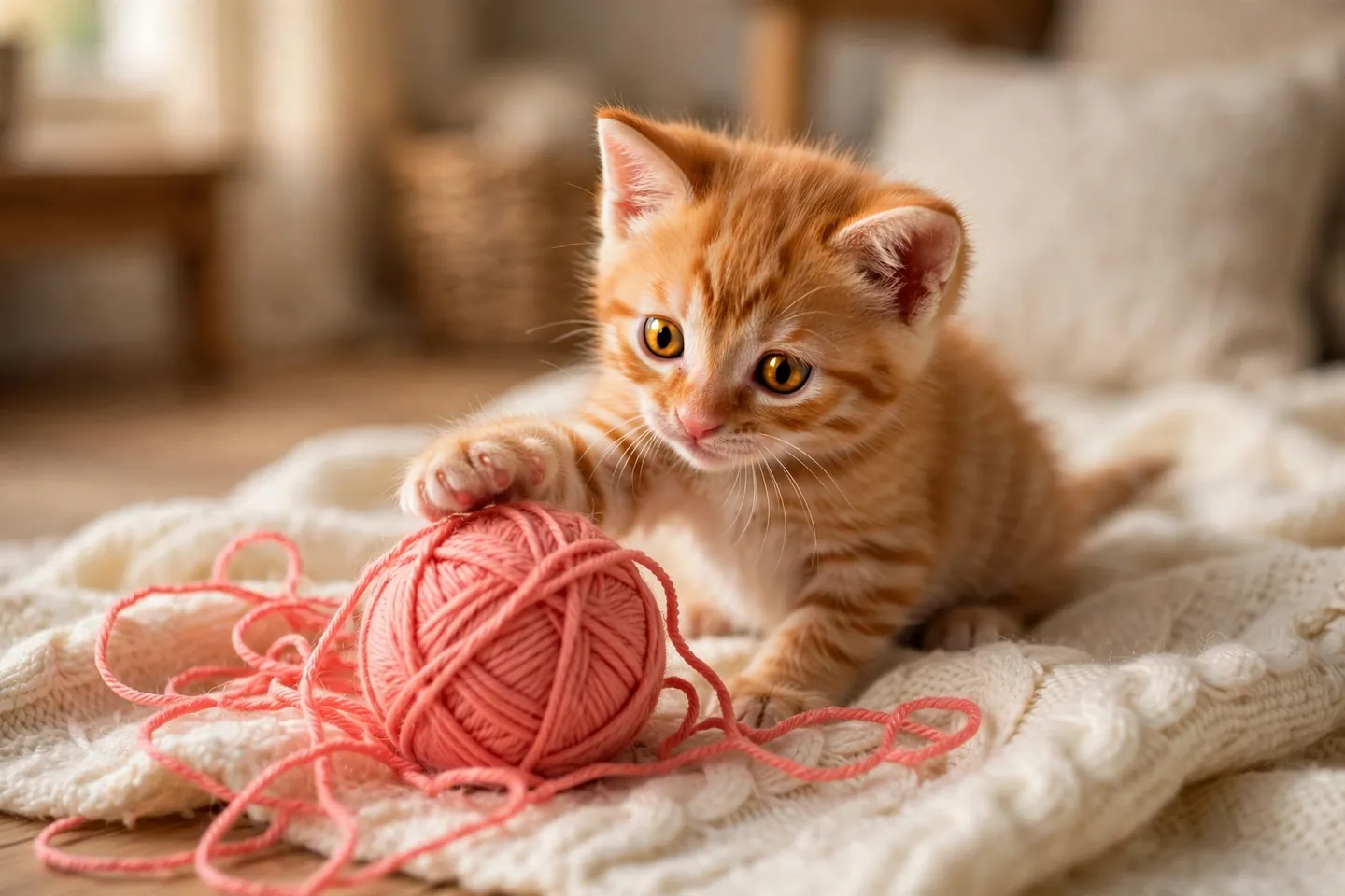 Orange kitten playing with a ball of coral yarn